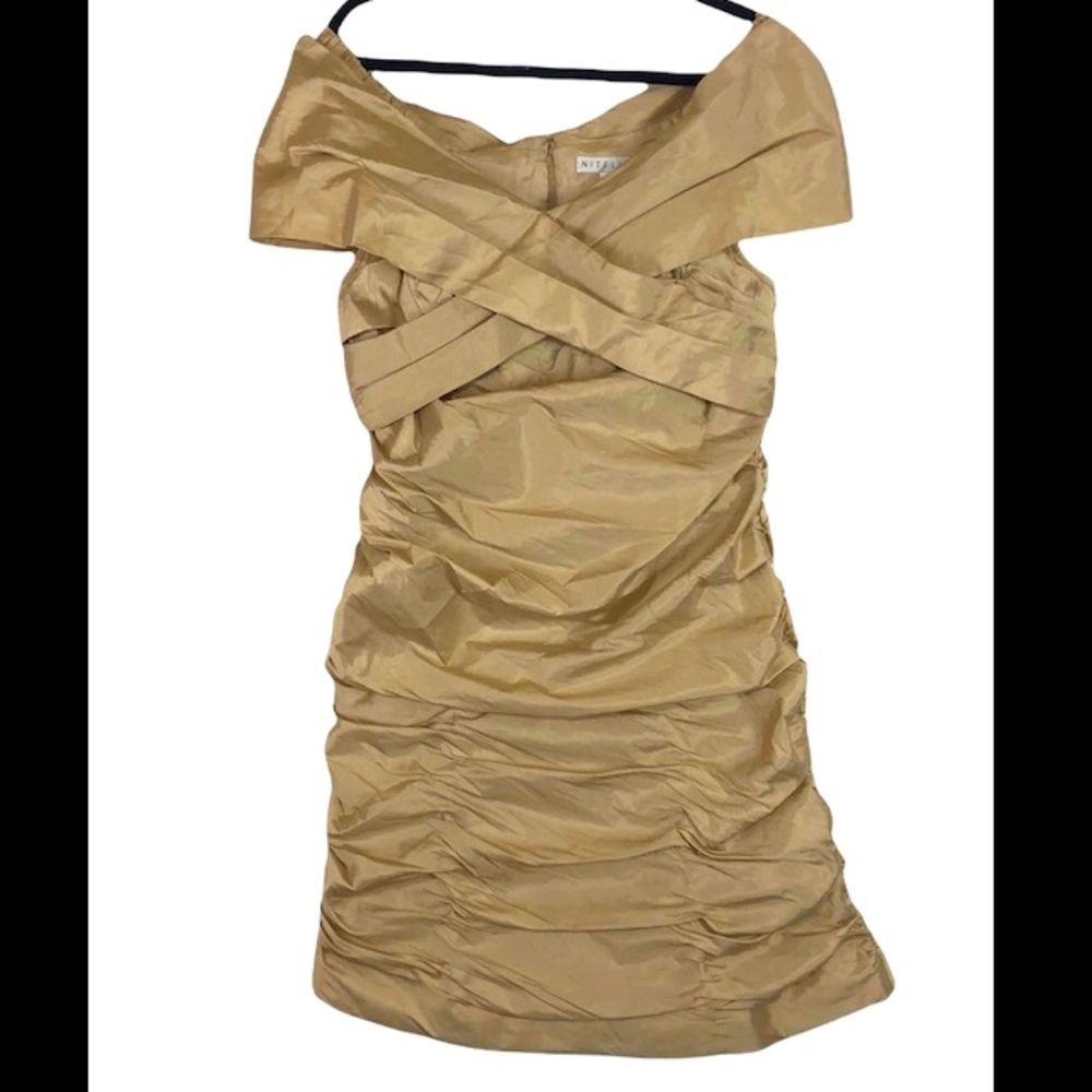 NWT gold rouched off shoulder cocktail dress 16W